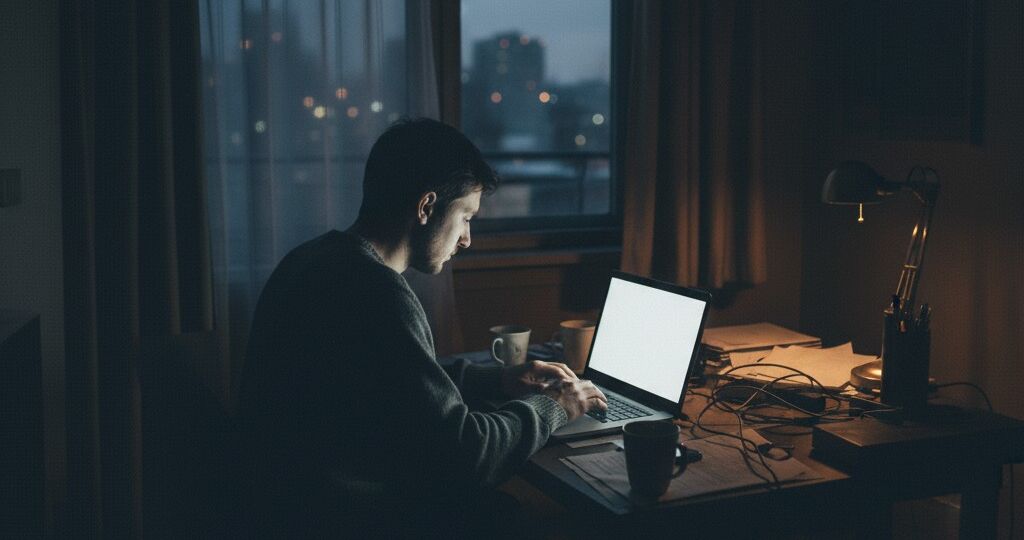 A man sitting at his laptop working with a view of the city behind him