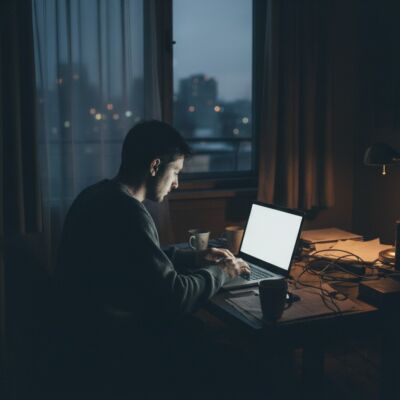 A man sitting at his laptop working with a view of the city behind him